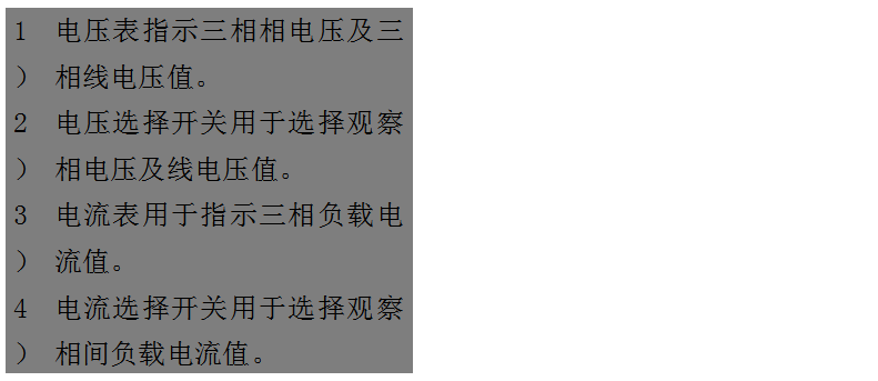 文本框: 1）	電壓表指示三相相電壓及三相線電壓值。
2）	電壓選擇開關用于選擇觀察相電壓及線電壓值。
3）	電流表用于指示三相負載電流值。
4）	電流選擇開關用于選擇觀察相間負載電流值。
5）	運行時間表用于指示柴油發(fā)電機組的累計運行時間。
6）	機油壓力表用于指示機組運行時的機油壓讀數(shù)。
7）	水溫表用于指示冷卻液溫度數(shù)值。
8）	頻率/轉速表用于指示輸出電力的頻率和機組的轉速。
9）	電池電壓表用于指示電池的充電電壓。

